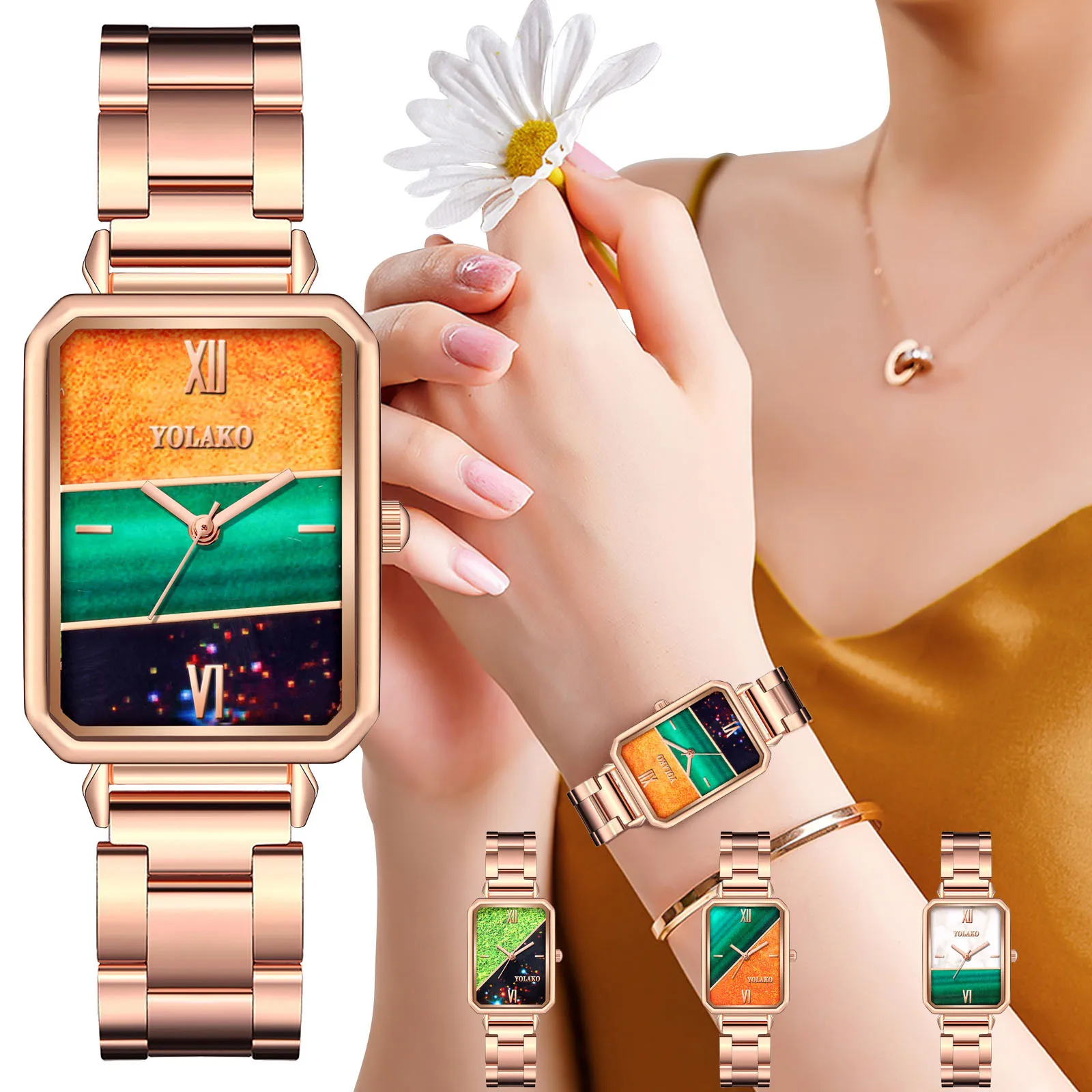 YOLAKO Ženy náramkové hodinky Quartz Multicolor Obdĺžnik Luxus Zlaté Dámske Hodinky Reloj Mujer Šperky z Nerezovej Ocele, Remienok часы.