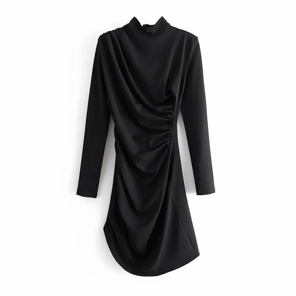 ZA 2020 nové Jarné žena Jeseň Fashion Záhyby bavlnené Šaty s dlhým rukávom Dámske Slim Vestidos Turtleneck midi Šaty