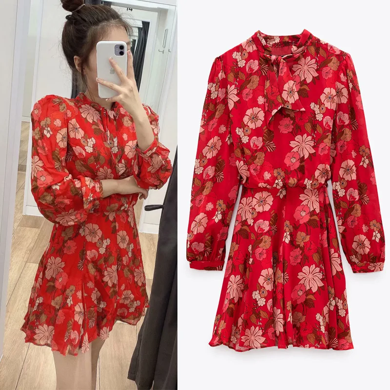 Za Lete Červené Kvetované Žena Šaty 2020 Elegantné Prehrabať krátke Šaty Žien Bežné Dlhý Rukáv Dizajn Dámy Klub Party Mini Šaty