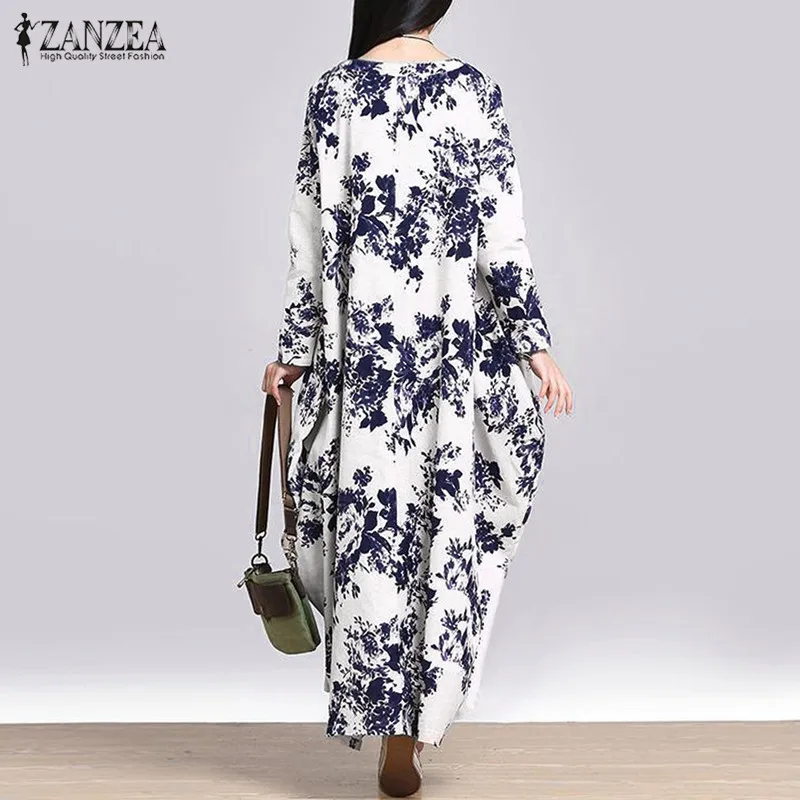 ZANZEA 2021 Vintage Bavlnená posteľná Bielizeň Maxi Vestidos Žien Vytlačené Sundress Jeseň Elegantný Dlhý Rukáv Kvetinové Šaty Plus Veľkosť Oblečenie