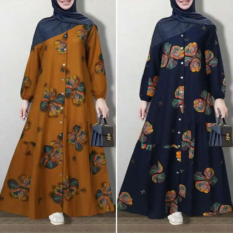ZANZEA Vintage Vytlačené Sundress Retro Ženy Dubaj Abaya Turecko Hidžáb Oblečenie na Jeseň Dlhý Rukáv Kaftan Voľné Maxi Dlhý Vestido 7