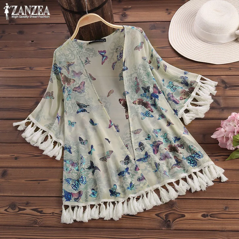 ZANZEA Ženy Vintage Kimono Dámy Cardigan 2021 Letné Tričko Príležitostné Voľné Tlač, Blúzky, Topy Biela Blusa Feminina Plus Veľkosť