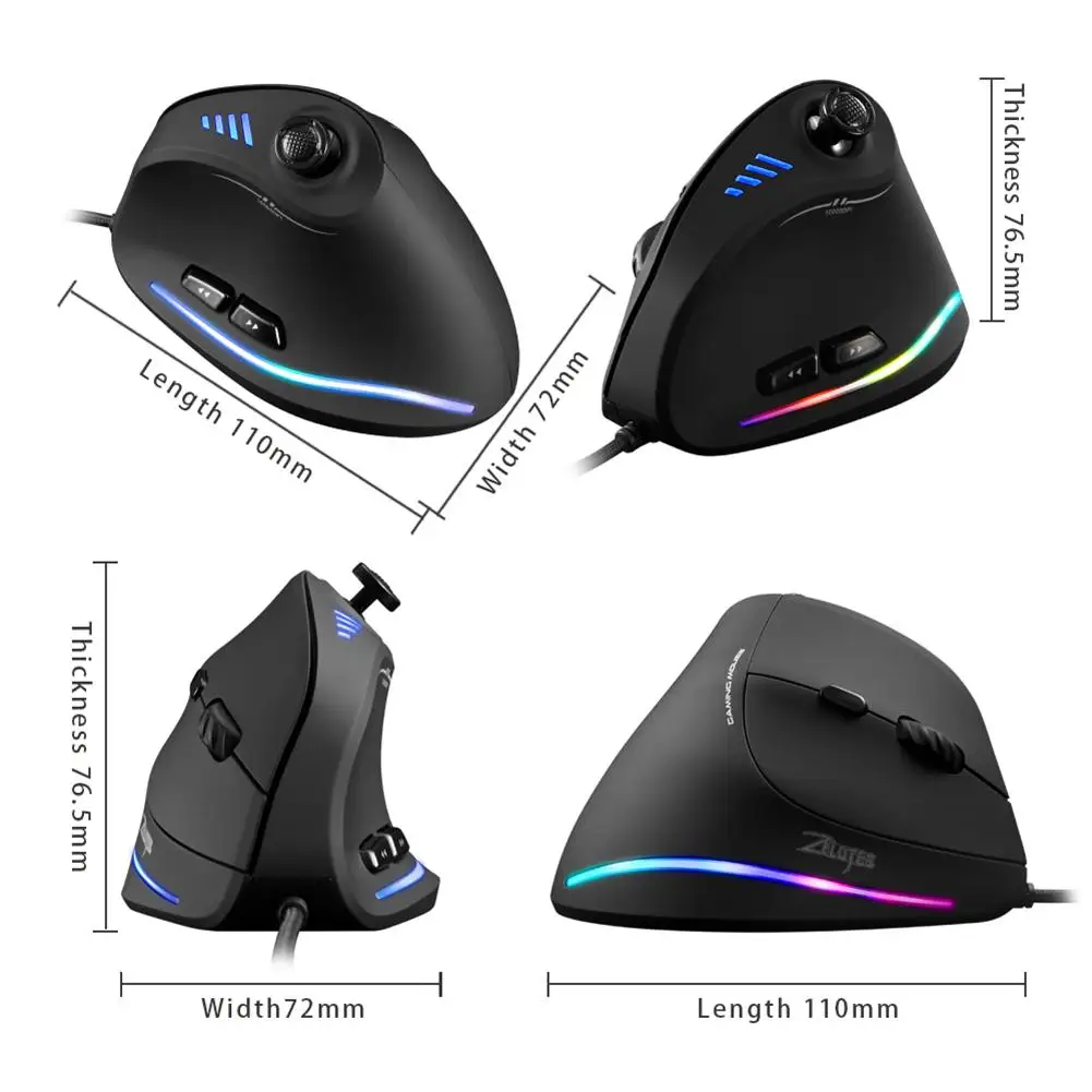 ZELOTES Vertikálne Gaming Mouse USB Programovateľné Káblové RGB Optická Myš 11 Tlačidlá 10000 DPI Nastaviteľné Ergonomické Hráč Myší