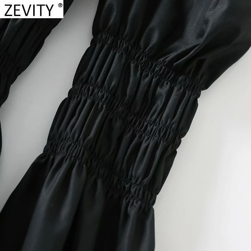 Zevity 2021 Ženy Vintage Stojan Golier Skladaný Black Halena Blúzka Office Dámy Lístkového Rukáv Košele Slim Elegantné Blusas Topy LS7516