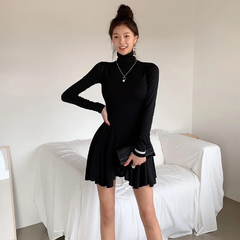 Zimné pletenie jeden kus kórejský Dámy Čierny Dlhý Rukáv turtleneck skladaný Strany Mini Šaty pre ženy čína Oblečenie
