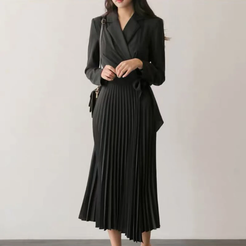 Zimné Vintage Pevné Skladaný Šaty Bežné Kórejský Tvaru Ríše-Line Šaty Elegantné Office Lady Krídla Vysoký Pás Polovici Teľa Šaty