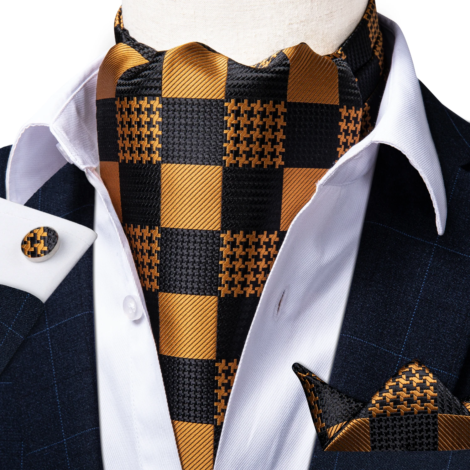 Zlato Check Black Silk Ascot Vrecku Námestie Cravat Formálne Šaty Svadobné Mužov Vintage Samostatne Kravatu Britský Štýl Asscot Kravata DiBanGu