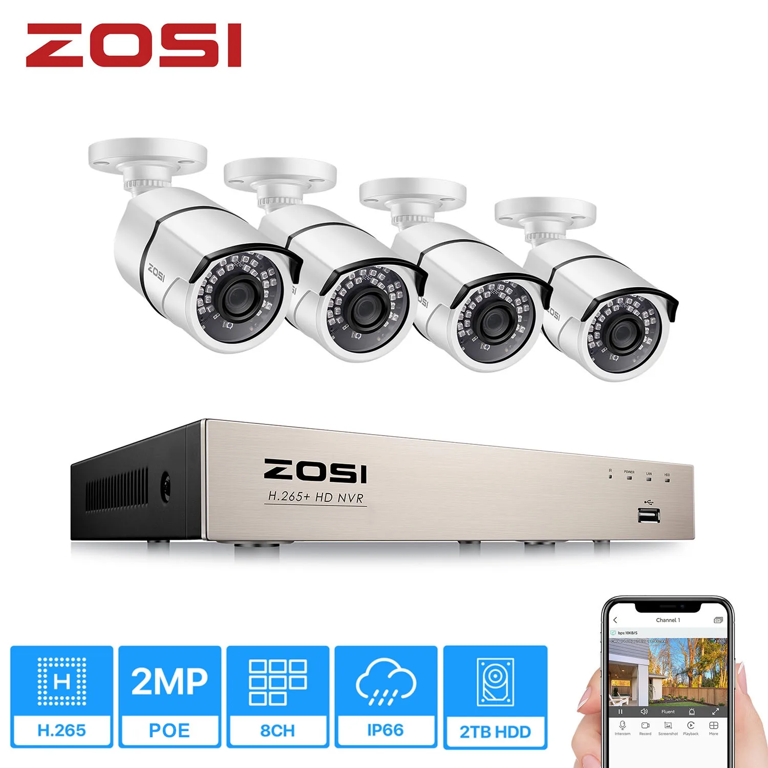 ZOSI PoE Domov kamerovým Systémom,H. 265+ 8Channel 5MP CCTV NVR Záznamník (4) 2MP 1080P Vonkajší Dohľad PoE IP Kamery