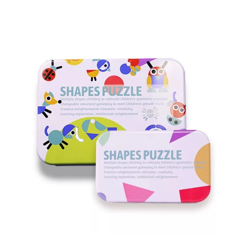 Zviera Deti Puzzle, Drevené Hračky Geometrický Tvar, obrazová Skladačka Detí Tangram Zábava Tvar Železa Box Balenie
