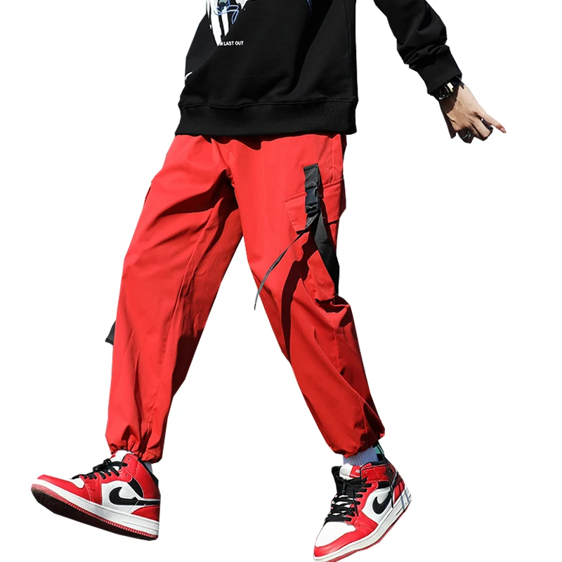 Červená Streetwear Stuhy Bežné Nohavice Mužov Slim Pánske Joggers Nohavice Bočné vrecká Bavlna Muž Nohavice