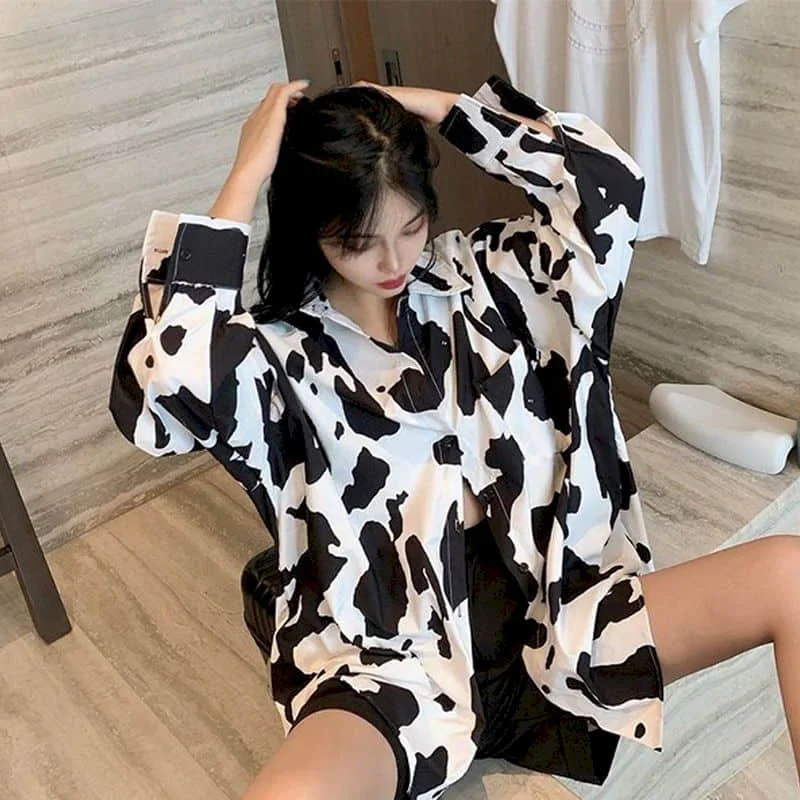 Čierna a biela dlhým rukávom, blúzky, ženský dizajn zmysel nika klope na jeseň nové voľné kórejský krava vzor žena bunda, tričko požiaru