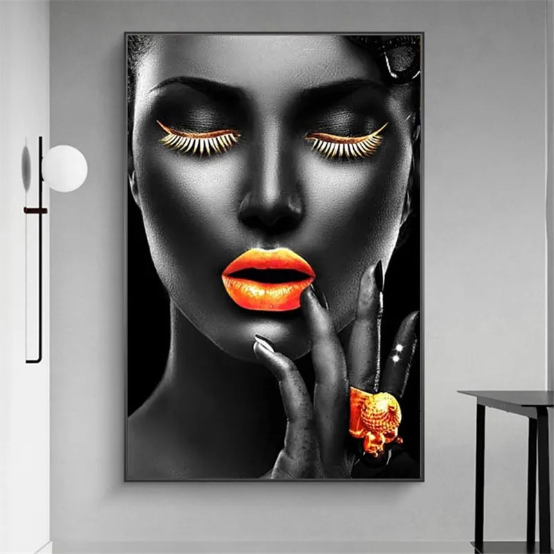 Čierne Dievčatá make-up Plátno Umenie Plagáty A Vytlačí Sexy Zlaté Pery Plátne, Obrazy Na Stenu Africké Umenie Fotografie Domova