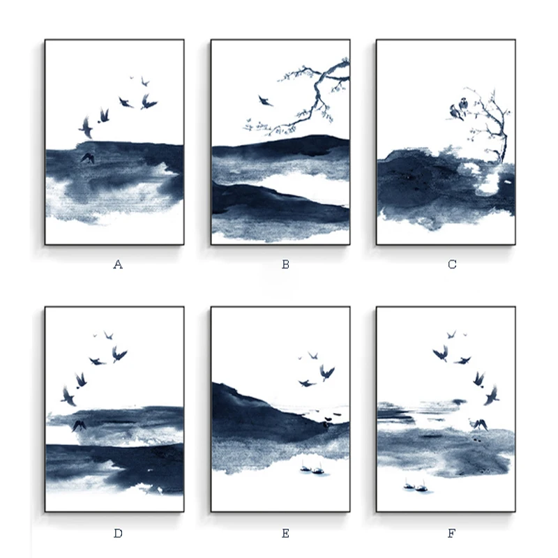 Čínsky Nový Abstraktné Atrament Krajiny Plátne Obrazy Modrá Plagáty Lietajúce Vtáky Tlač Wall Art Obrázky pre Obývacej Miestnosti Dekorácie