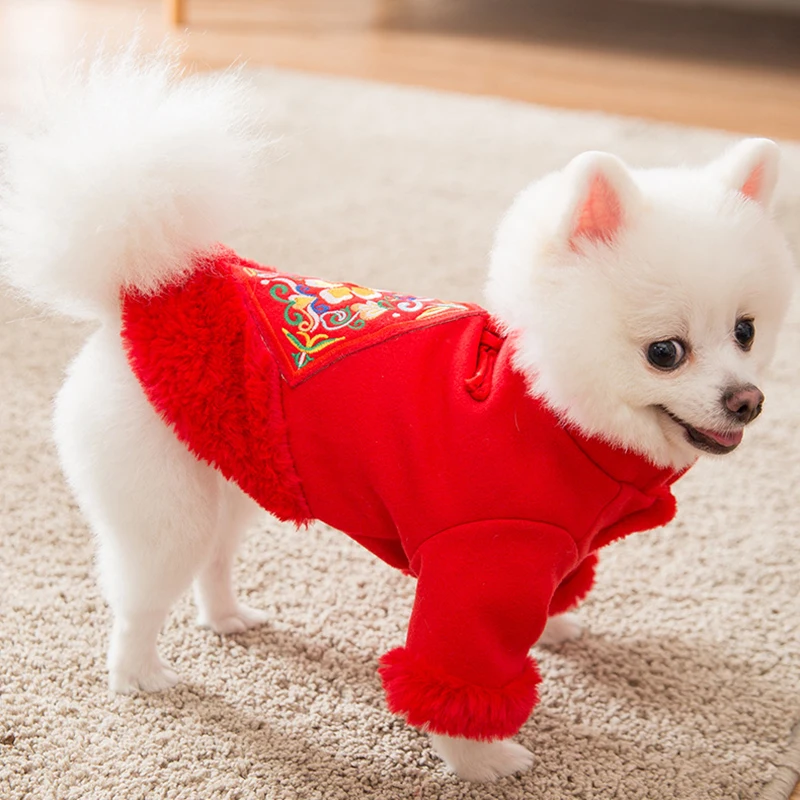 Čínsky Nový Rok Psie Oblečenie Tang Vyhovovali Zimné Červené Ružové Pet Kabát Kvetinový Vyšívané Bunda Jarný Festival Hrubé Kostýmy, Plyšové