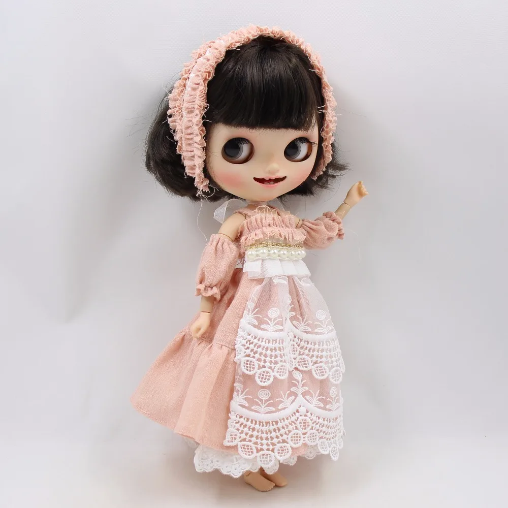 ĽADOVÉ DBS Blyth bábika ružové šaty s pearl oversleeve a hlavový most Vintage oblečenie