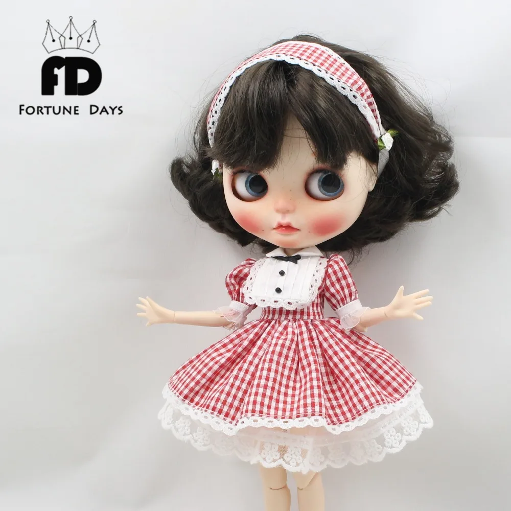 ĽADOVÉ DBS Blyth bábika šaty červené Kockované sukni, čipky & headdress & kvet