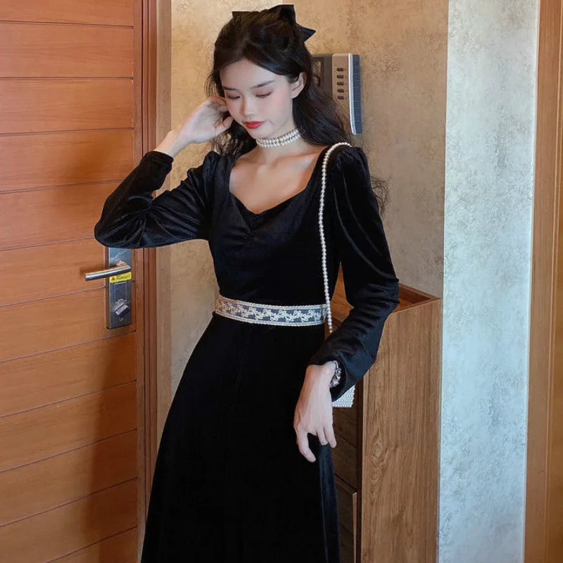 Šaty Dámske Jeseň tvaru Polovici teľa Čipky Patchwork Čiernu,-line kórejský Štýl, Elegantné, Pohodlné Vintage francúzskej Jednoduché, Elegantné