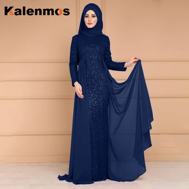 Šaty Moslimských Žien Plus Veľkosť S-5XL Arabskom Dubaji Islamské Oblečenie Abaya Maxi Dlhé Šaty Sequin Falošné 2pecs Ramadánu Afrike Kaftan