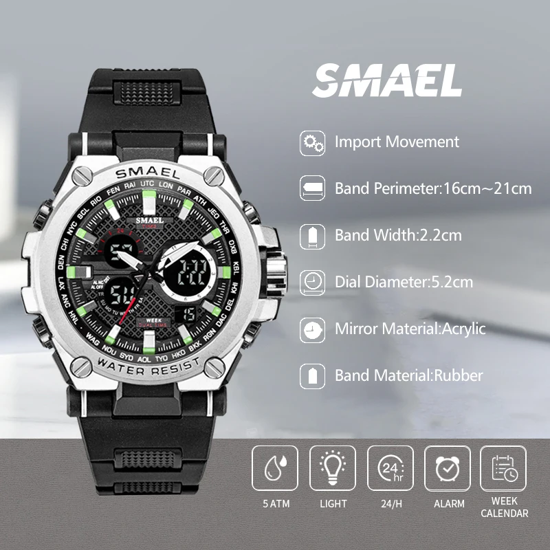 Športové pánske hodinky LED 50m nepremokavé digitálne Multifunkčné Quartz náramkové hodinky pre mužov SMAEL 1709 módy s prúdom stopky