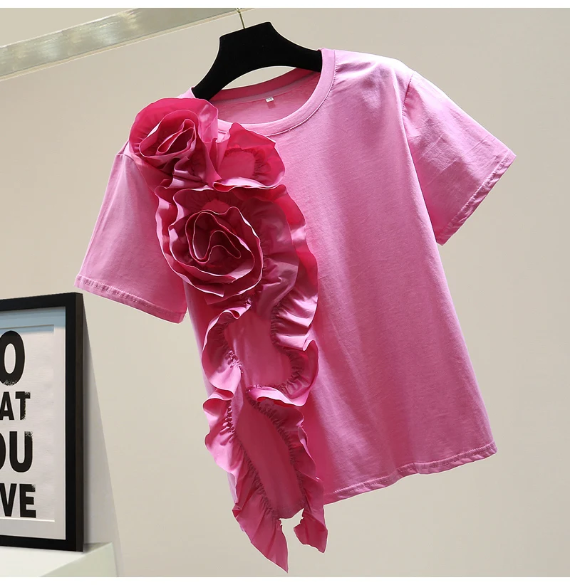 Ťažký Priemysel Troch-dimenzionální Kvet T-shirt Žena 2020 Lete kórejský Módy v Pohode, Šitie Rozstrapatené Tričko Dámske Topy Tees