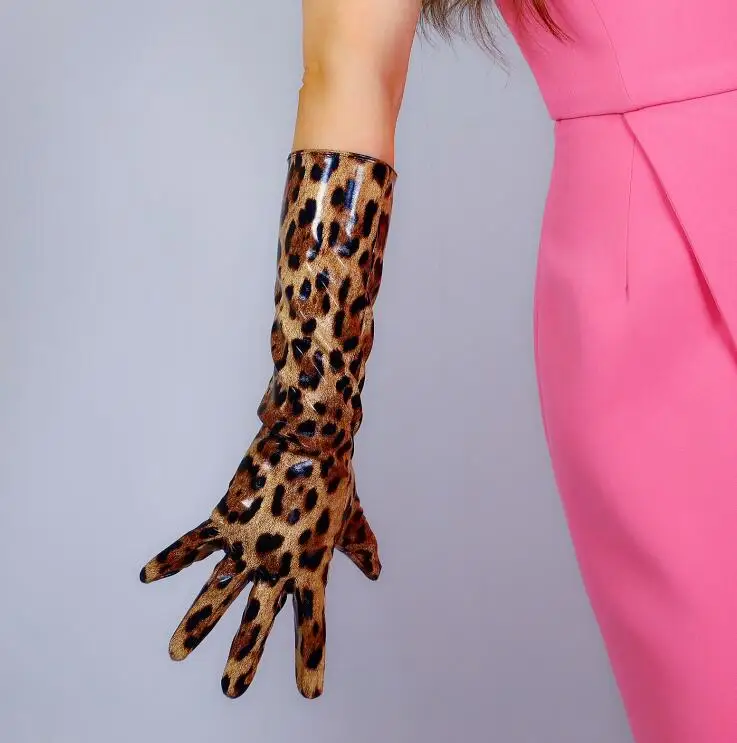 Ženské dráhy módne leopard tlač PU kožené rukavice lady klub výkon formálnej strany kožené dlhé tenké rukavice 40 cm R3023