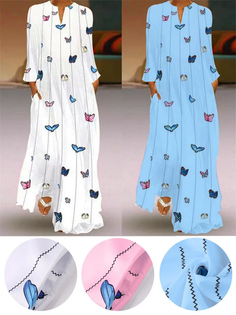 Ženy Bežné Dlhé Šaty s Dlhým Rukávom 5XL Vintage Boho Motýľ Vytlačené Maxi Šaty Vrecká Šaty Plus Veľkosť Oblečenie Lady Vestidos