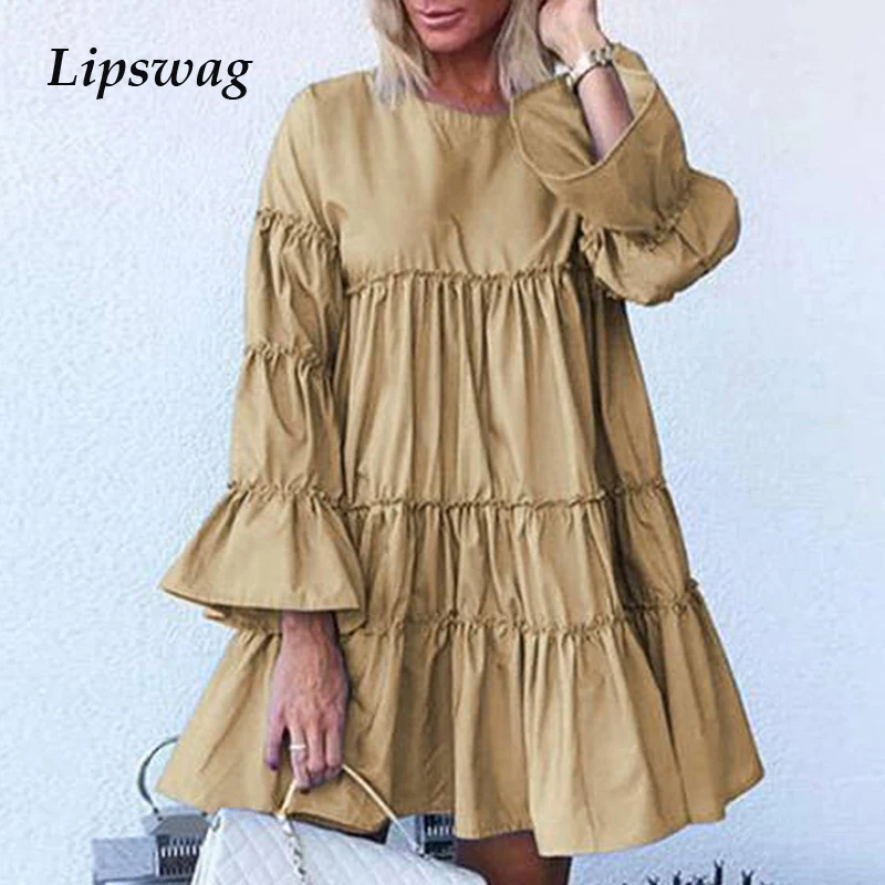 Ženy Elegantné O Krk Prehrabať Mini Šaty Jeseň Svetlice Dlhý Rukáv Skladaný Party Šaty 2020 Pevné Príležitostné Voľné A-Line Šaty Vestido