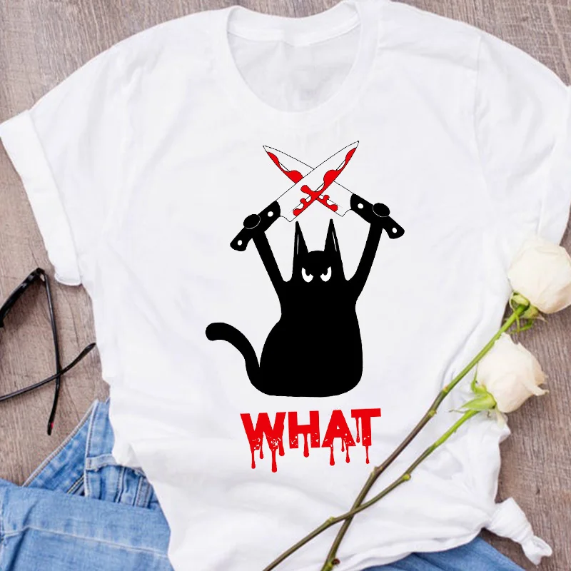 Ženy Grafické Mačka Čarodejnice Legrační Karikatúra Roztomilý Tlač Jeseň Jeseň Halloween Oblečenie Lady Tees Topy Žena T Shirt Dámske Tričko