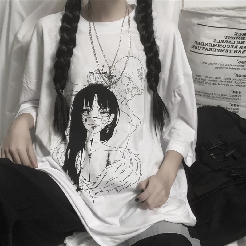 Ženy Japonský Harajuku T-shirt Letné Krátke Rukáv Tričko Ulzzang kórejský Štýl Tee Top Hip Hop, Punk Horor Goth Gotický Tlač