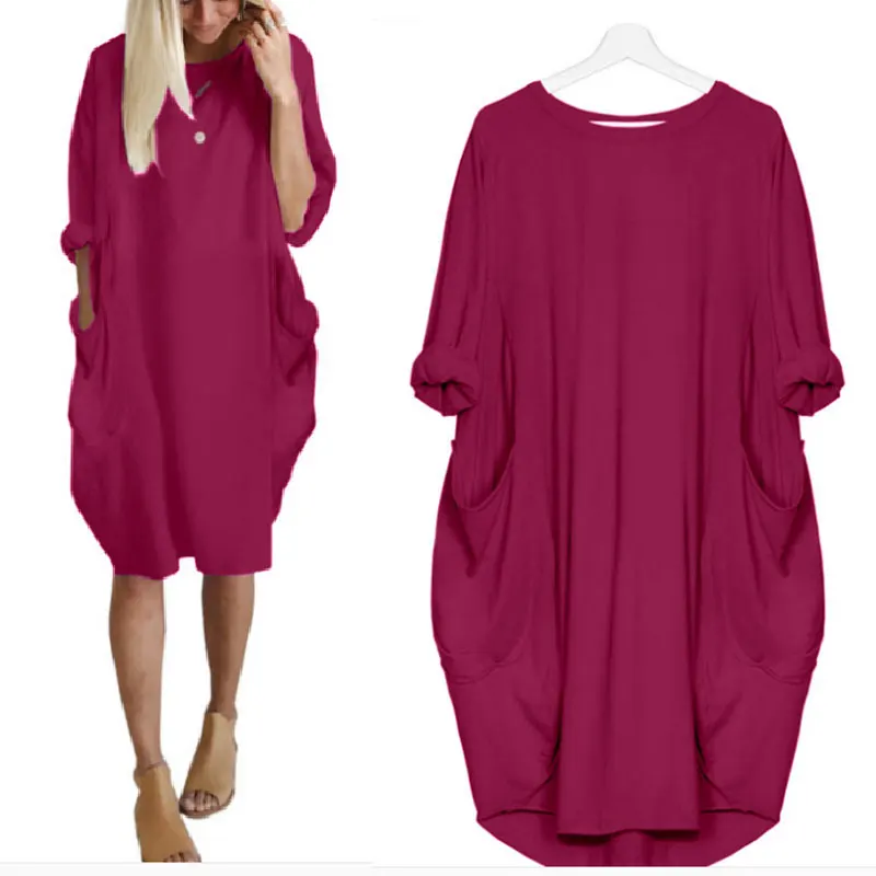 Ženy, Midi Šaty Dlhé Topy Pevné Vrecku Voľné Bežné T-shirt Long Sleeve Streetwear Veľká Pláž Boho Šaty Plus Veľkosť