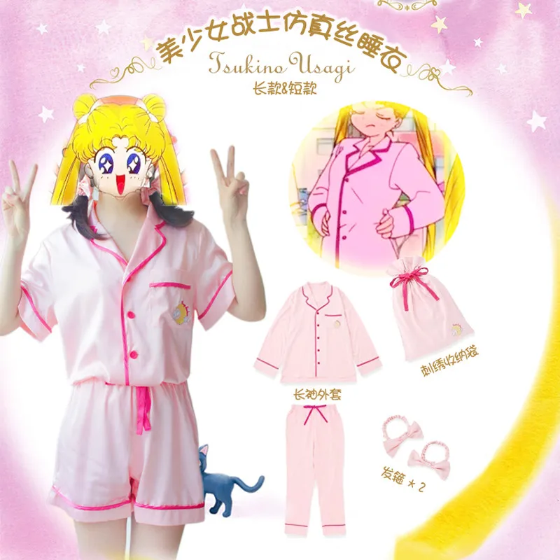 Ženy Pyžamo Sailor Moon Králik Pyžamo Usagi Tsukino Charakter Sleepwear Emulácia Hodvábne Mäkké Pohodlné Ružová Krátky Rukáv Nastaviť