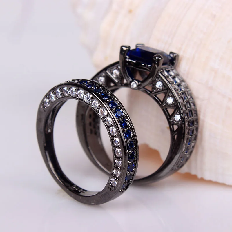ženy svadobný prsteň zirconia zirkón módne black gold-farba plnené darček šperky veľkoobchod 2 prst prsteň súpravy šperkov