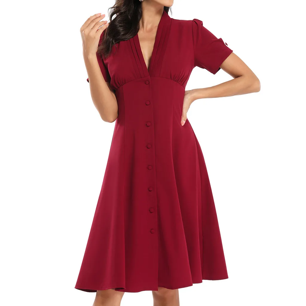 Ženy to-line Pevné Vintage Šaty Červené Vintage Šaty Elegantné Retro podkolienok Šaty Krátke Rukávy Vestidos Plus Veľkosť#J30