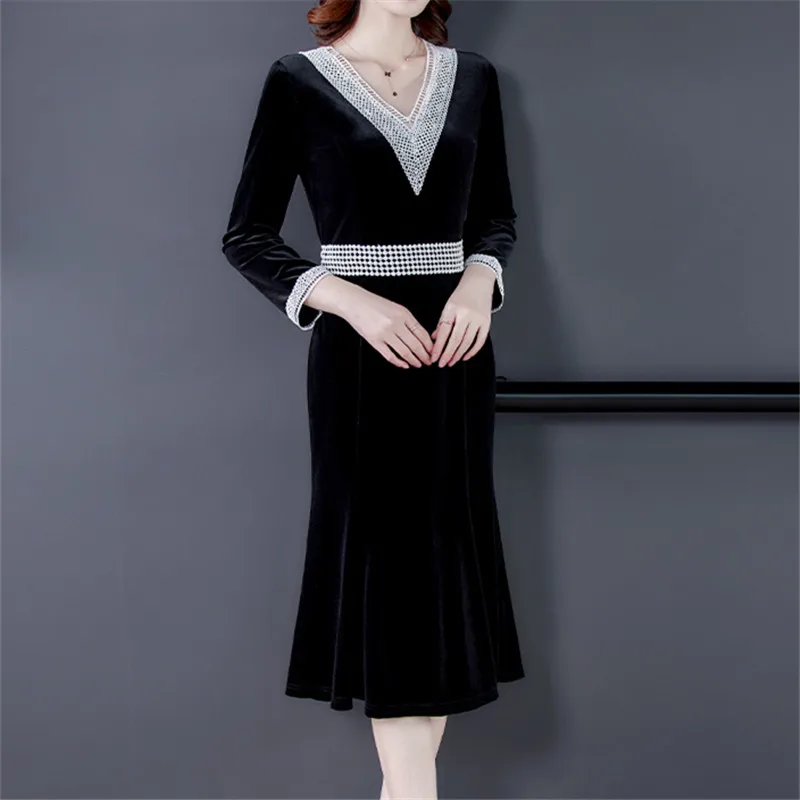 Ženy Vintage Čierna Výšivka velvet tvaru Šaty Bežné A-Line Jeseň Zimné Módne Party Klasické Dlhý Rukáv Polovice Šaty