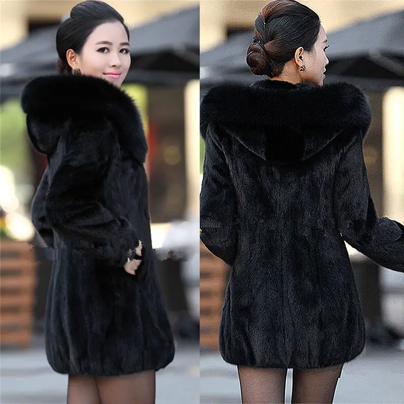 Ženy Zime S Kapucňou Falošné Kožuchy Plus Veľkosť Vintage Umelé Black Faux Fox Kožušinový Kabát S Kapucňou Veľká Veľkosť 002