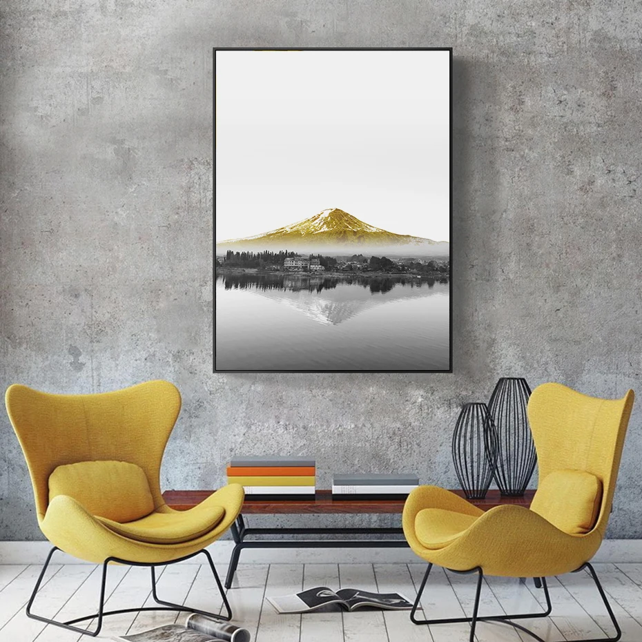 Žltá Lodi na Jazere Horskej Krajiny Wall Art Plátno na Maľovanie Plagátu Tlač Obrázkov na Obývacia Izba Domáce Dekorácie Interiéru