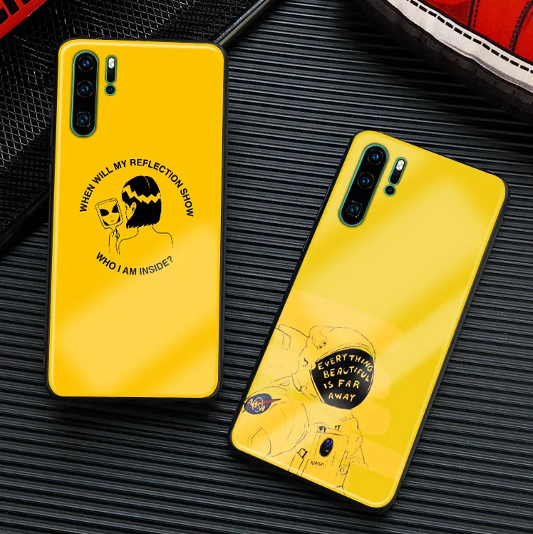 Žltá roztomilý citácie estetické telefón puzdro mäkký silikón sklo shell pre Huawei honor 8 mate s 9 10 20 30 lite pro plus