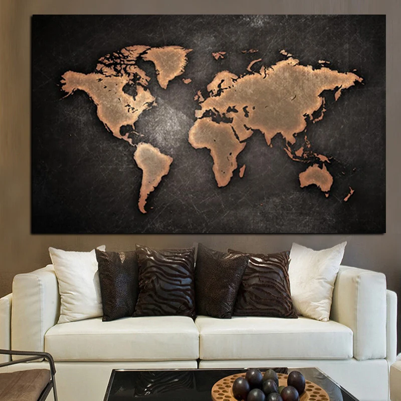 120x180cm Abstraktné Mape Sveta Plátno na Maľovanie Black Mape Sveta Tlač Na Plátno pre Kanceláriu Obrázok Wall Art Cuadros Dekor
