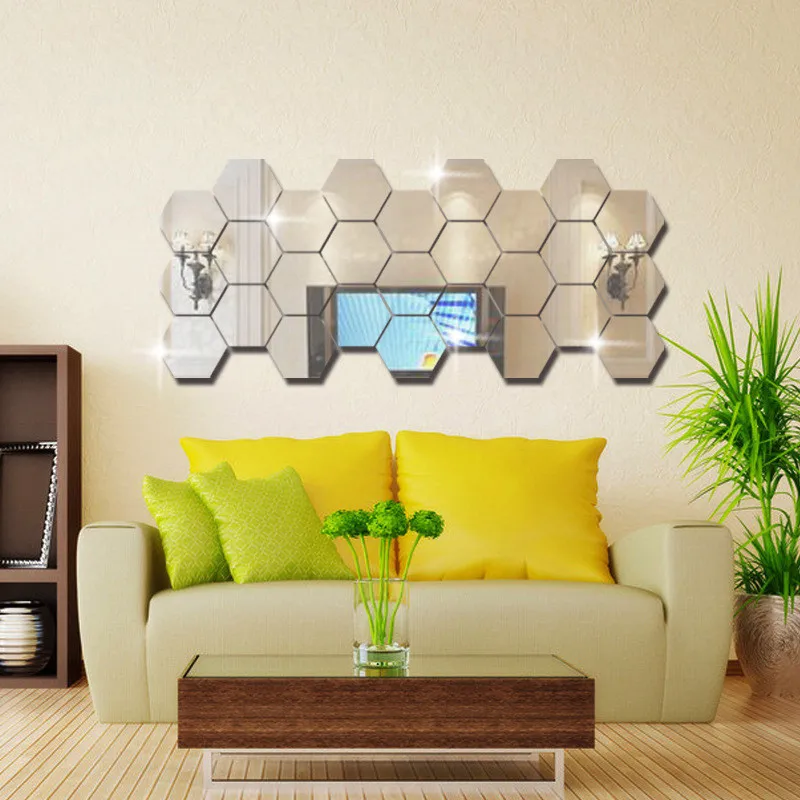 12Pcs 3D Samolepky na Stenu Reflexné Hexagon Vinyl Zrkadlo Samolepky na Stenu Domova Dekorácie pre obývaciu izbu DIY Obtlačky