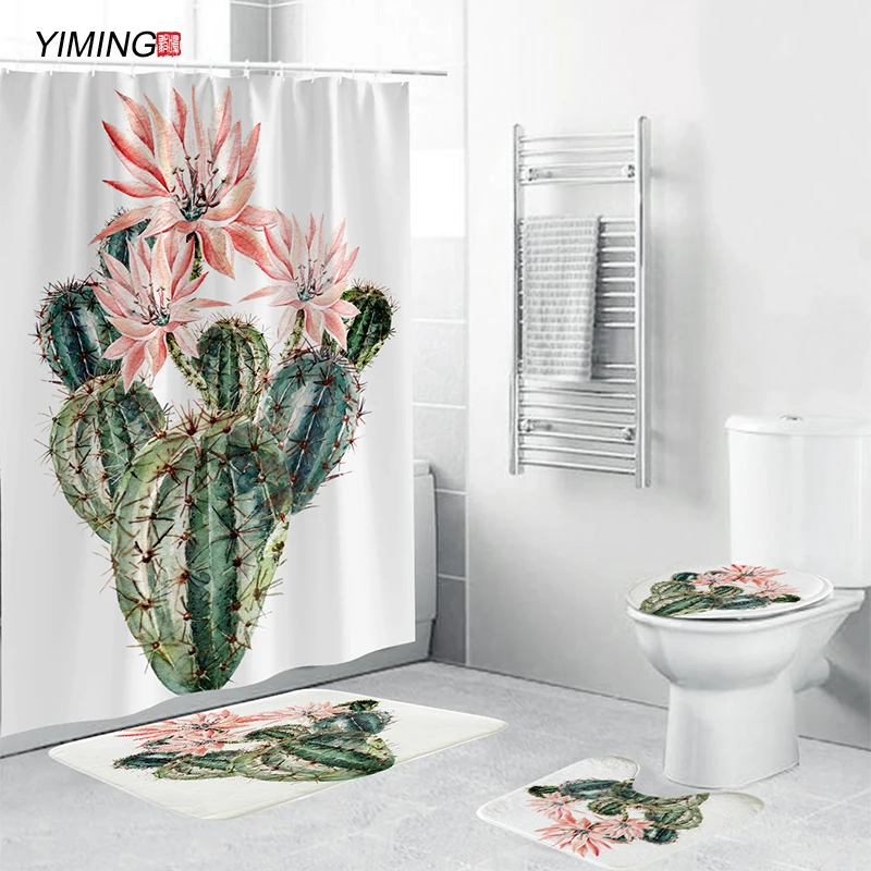 180x180cm sprchový záves nastaviť maľované kaktus tlač kúpeľňa nastaviť non-slip koberec, wc kryt vankúš sprchový záves nastaviť 4pcs