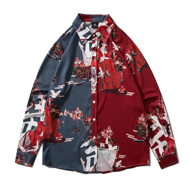 20 farebné Streetwear Nové mužov kontrast tlače košele bežné Nadrozmerné patchwork retro hip-hop Harajuku ulice dlho puzdre tričko