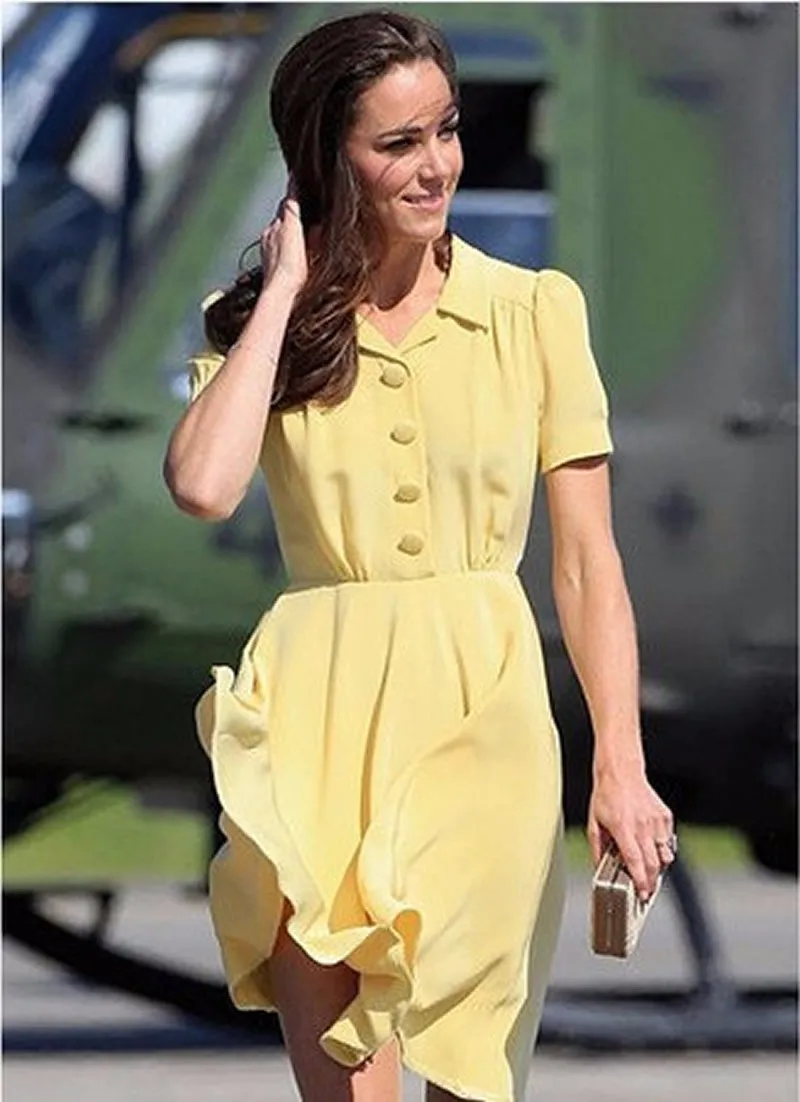 2018 Nové Žlté Pevné Princezná Kate Middleton Šifón Šaty Módne Tlačidlo Dizajn, Krátky Rukáv Skladaný Dresess 5080
