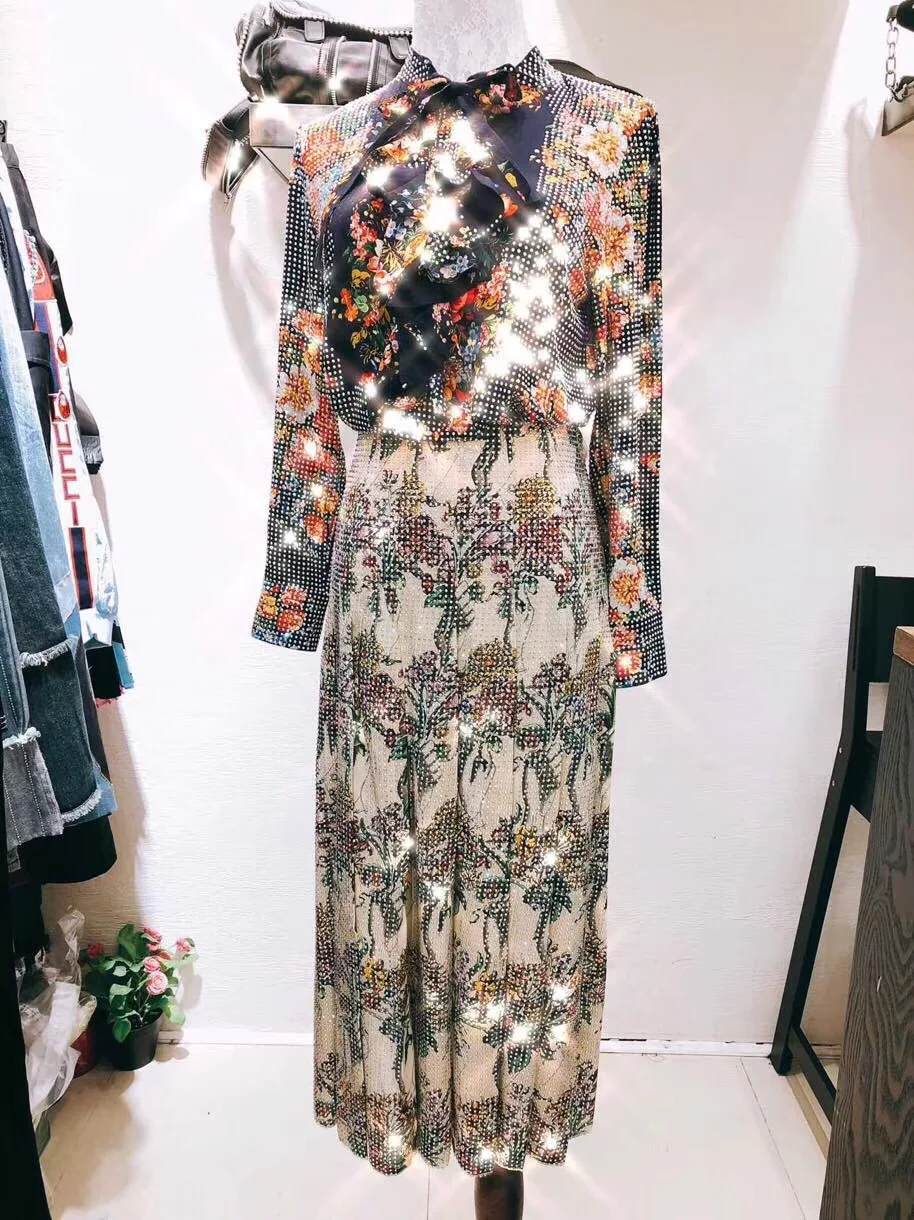 2018 žena diamond ozdobené flóry vytlačené skladaný členok dĺžka sukne šaty