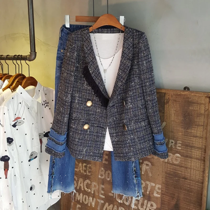 2019 jesenné a zimné nové dámske sako Lemovaný dekoratívne šitie dlhý rukáv sako žena Vysokej kvality office bunda