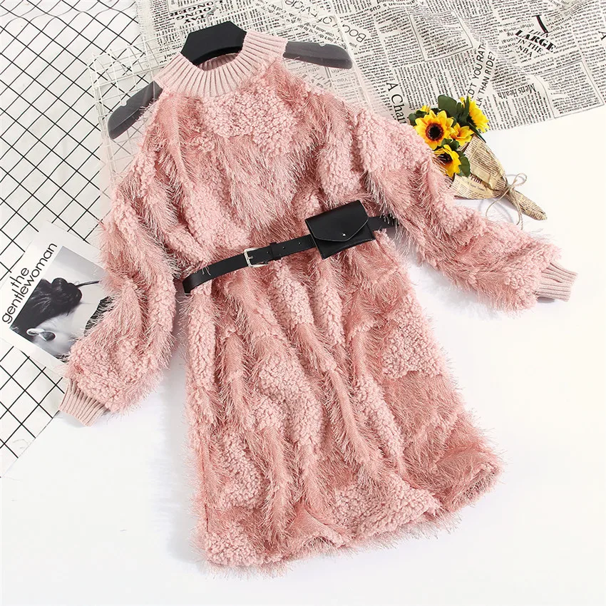 2019 Jeseň Ženy Dlhý Rukáv Oka -Up Šaty Elegantná Dáma O-krku Strapec Dressess Strany Ružové Šaty Vestidos Zimné Bottomings 664