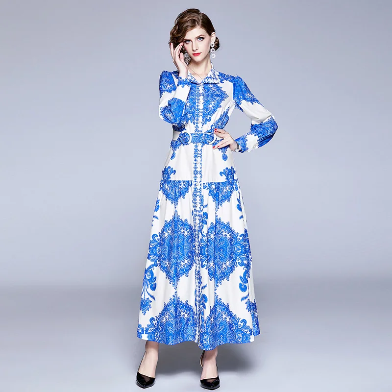 2020 Austrália Bohatá Dáma 2020 Retro Voľné-Fit Abstraktné Vytlačené Dlhý Rukáv Veľké dolný lem Šaty Modré šaty žena strany noc