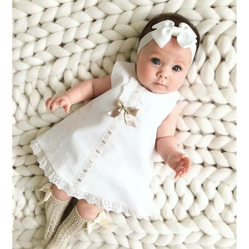 2020 Batoľa Novonarodené Deti Baby Girl Dress Lete Sladké Biele Princezná Čipky bez Rukávov hlavový most pokrývku hlavy Oblečenie Oblečenie 2KS