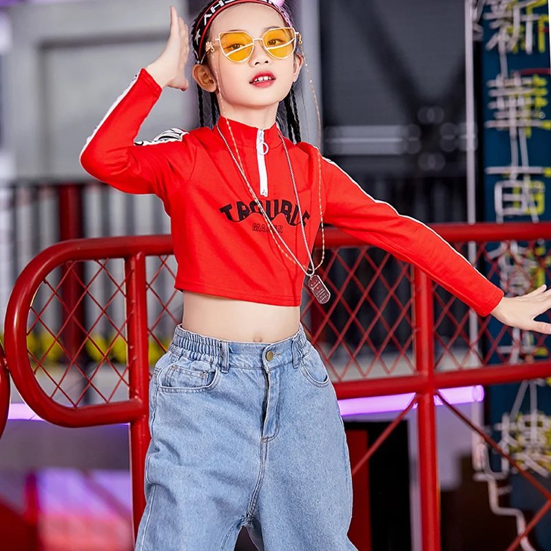 2020 Deti Dlhým Rukávom Hip Hop Vyhovovali Deti Tanečnej Praxi Nosenie Červená Mikina Jazz Cheerlead Kostým Street Dance Oblečenie Nohavice