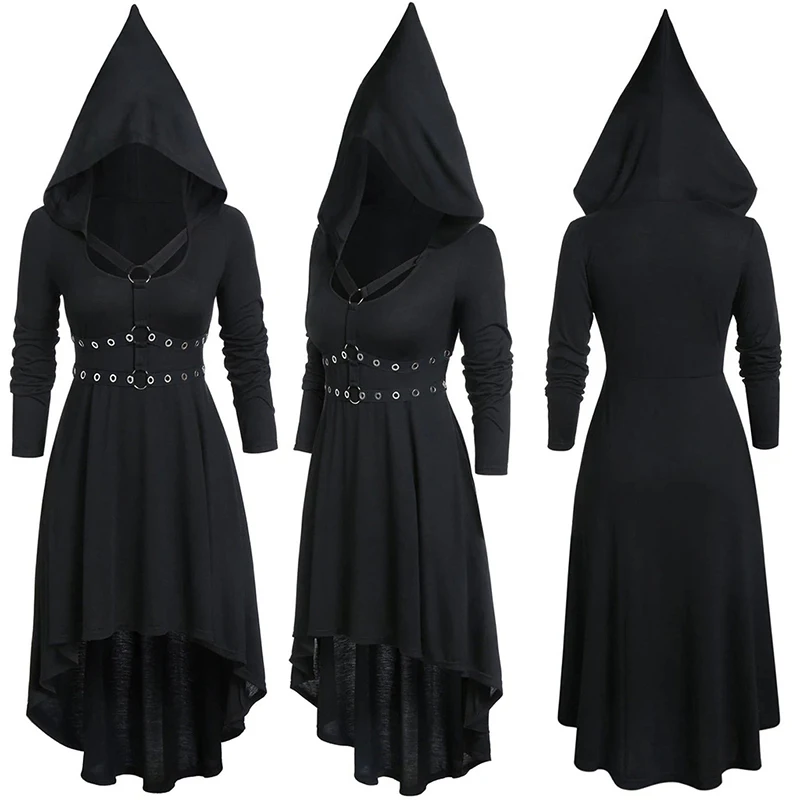 2020 Gotické Šaty Žien Kostýmy Tmavo Čierne Goth Šaty Vintage Pulóver Nepravidelný Skladaný Dlhé Šaty Vestido Dropship s Kapucňou