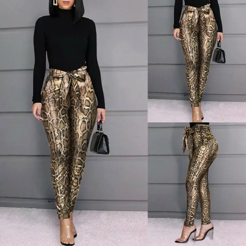 2020 Hot Predaj Ženy Leopard Úsek Faux Kožené Vysoký Pás nohavice plášť Legíny Lacné Ženy Oblečenie S-XL